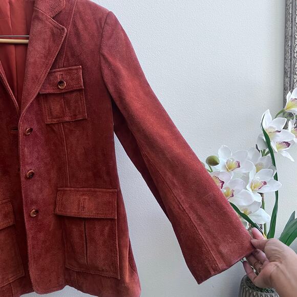 Vintage 100% Genuine Leather Suede Burgundy Red Women's Jacket Blazer Size 15/16 - Picture 7 of 12